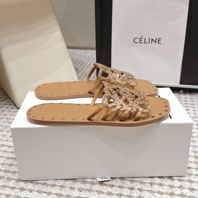 LOEWE 26S PETAL ANAGRAM SLIDE IN TAN BROWN CALFSKIN WITH STUDS