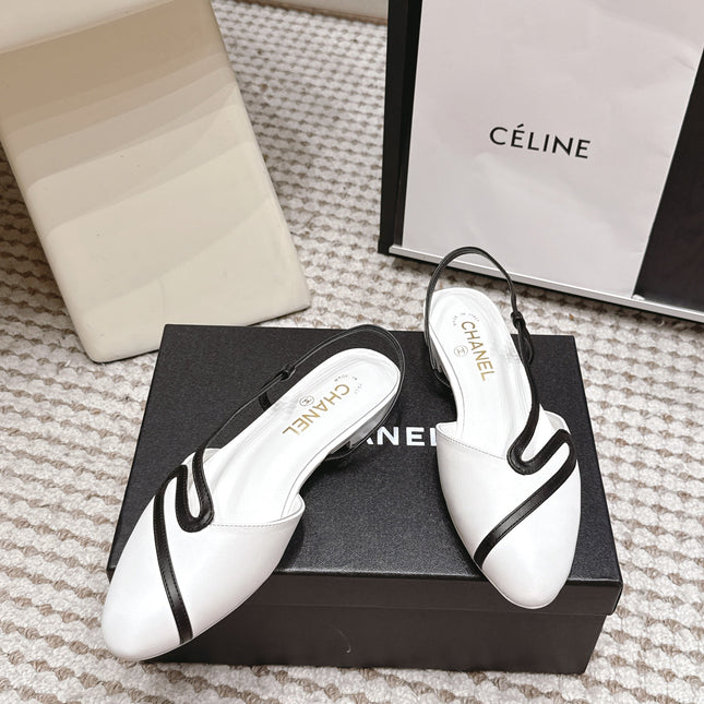 CHANEL 26S SLINGBACK FLATS IN WHITE CALFSKIN WITH BLACK TRIM