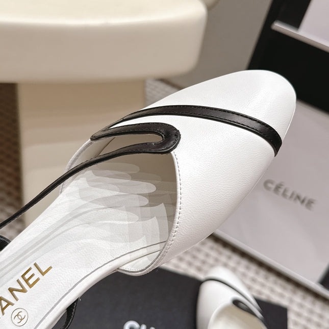 CHANEL 26S SLINGBACK FLATS IN WHITE CALFSKIN WITH BLACK TRIM