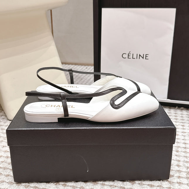 CHANEL 26S SLINGBACK FLATS IN WHITE CALFSKIN WITH BLACK TRIM