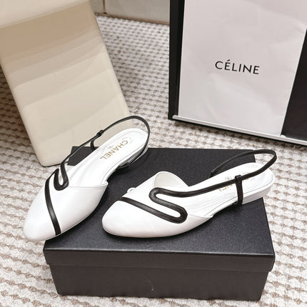 CHANEL 26S SLINGBACK FLATS IN WHITE CALFSKIN WITH BLACK TRIM