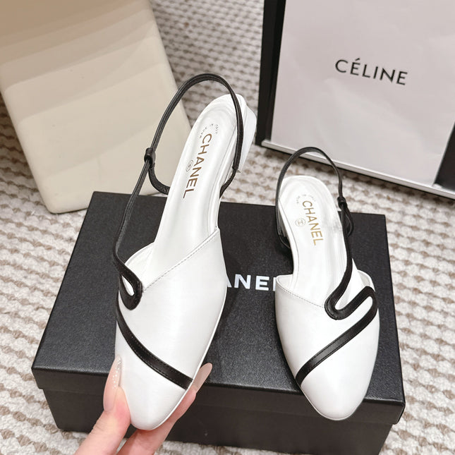 CHANEL 26S SLINGBACK FLATS IN WHITE CALFSKIN WITH BLACK TRIM