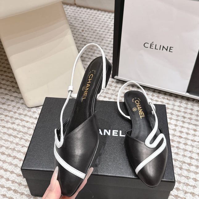 CHANEL 26S SLINGBACK FLATS IN BLACK CALFSKIN WITH WHITE TRIM