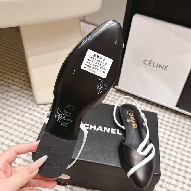 CHANEL 26S SLINGBACK FLATS IN BLACK CALFSKIN WITH WHITE TRIM