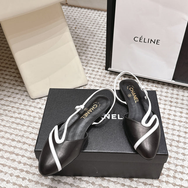 CHANEL 26S SLINGBACK FLATS IN BLACK CALFSKIN WITH WHITE TRIM