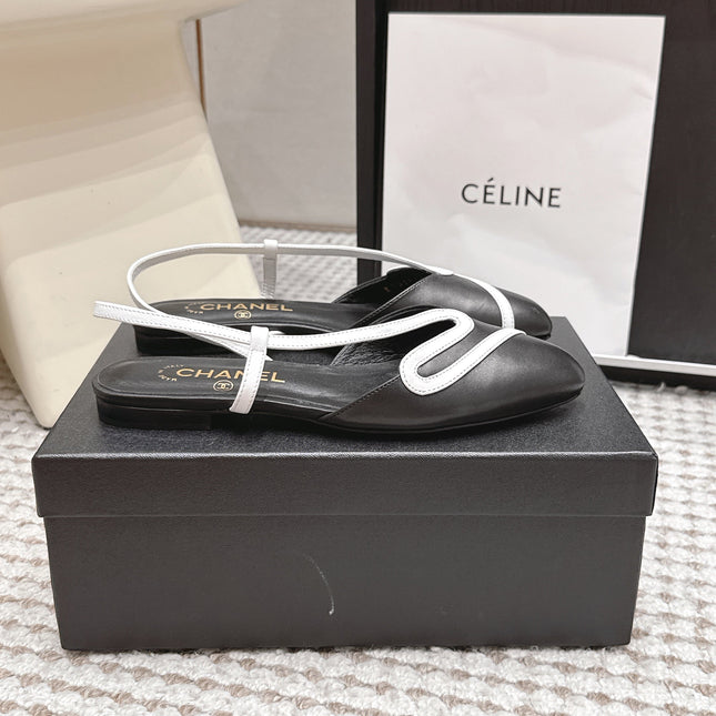 CHANEL 26S SLINGBACK FLATS IN BLACK CALFSKIN WITH WHITE TRIM