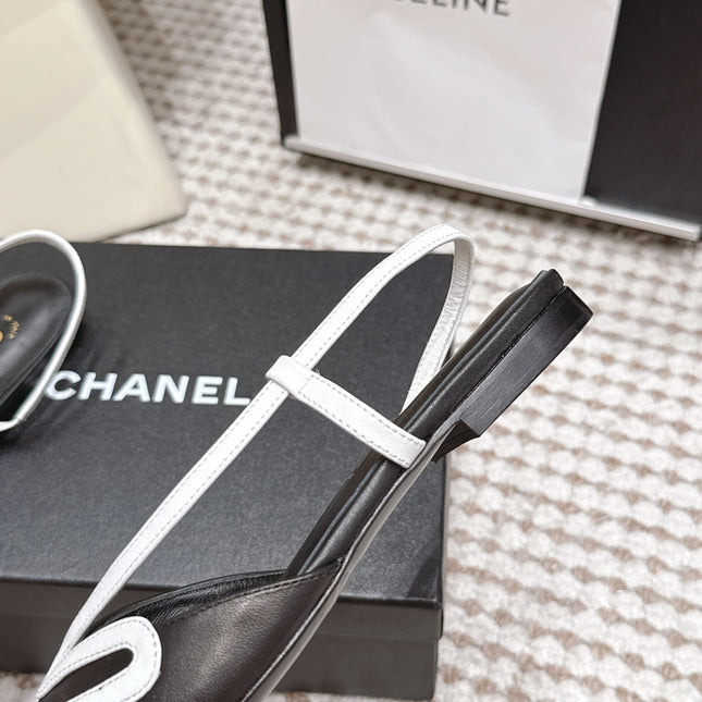 CHANEL 26S SLINGBACK FLATS IN BLACK CALFSKIN WITH WHITE TRIM