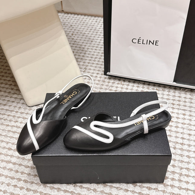 CHANEL 26S SLINGBACK FLATS IN BLACK CALFSKIN WITH WHITE TRIM
