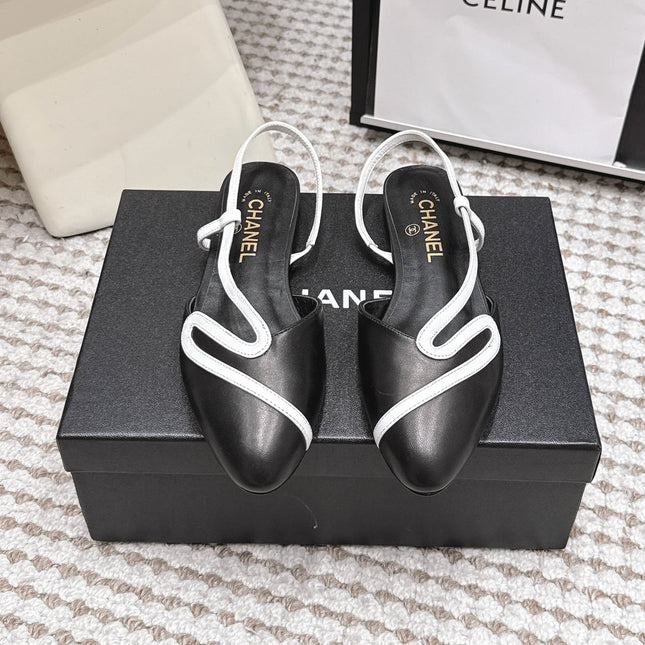 CHANEL 26S SLINGBACK FLATS IN BLACK CALFSKIN WITH WHITE TRIM