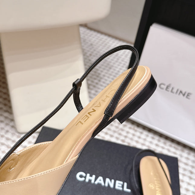 CHANEL 26S SLINGBACK FLATS IN BEIGE CALFSKIN WITH BLACK TRIM