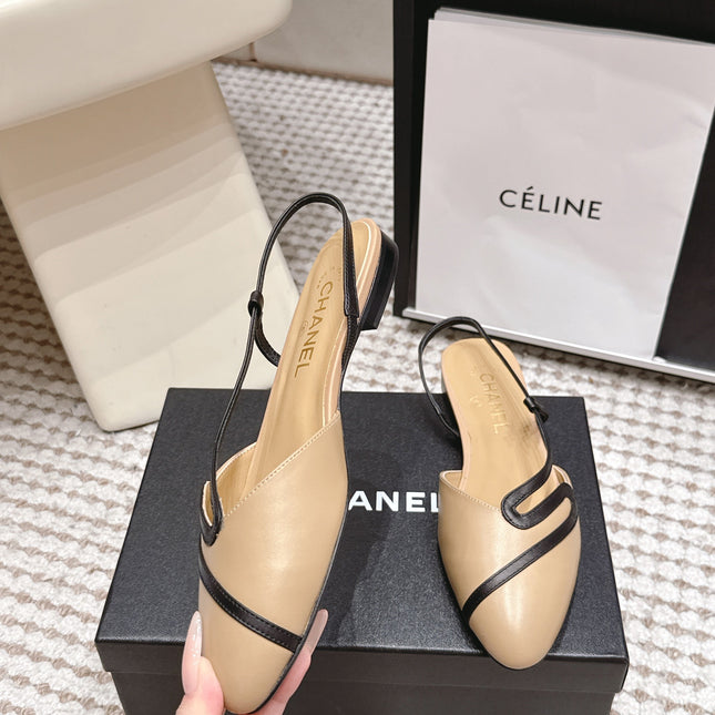 CHANEL 26S SLINGBACK FLATS IN BEIGE CALFSKIN WITH BLACK TRIM