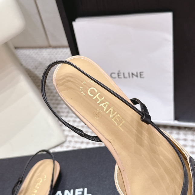CHANEL 26S SLINGBACK FLATS IN BEIGE CALFSKIN WITH BLACK TRIM