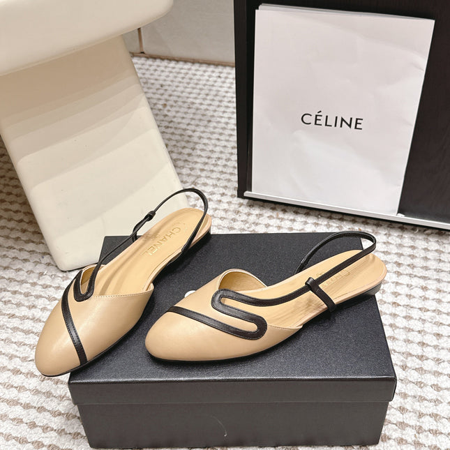 CHANEL 26S SLINGBACK FLATS IN BEIGE CALFSKIN WITH BLACK TRIM