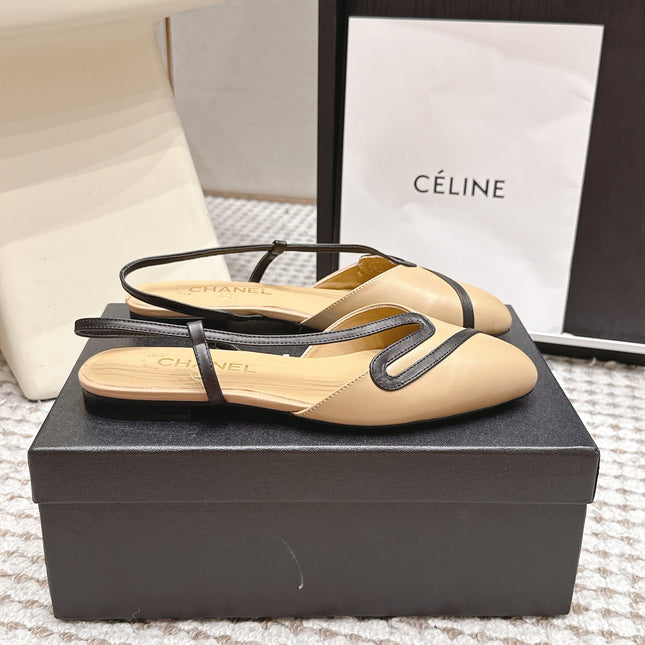 CHANEL 26S SLINGBACK FLATS IN BEIGE CALFSKIN WITH BLACK TRIM