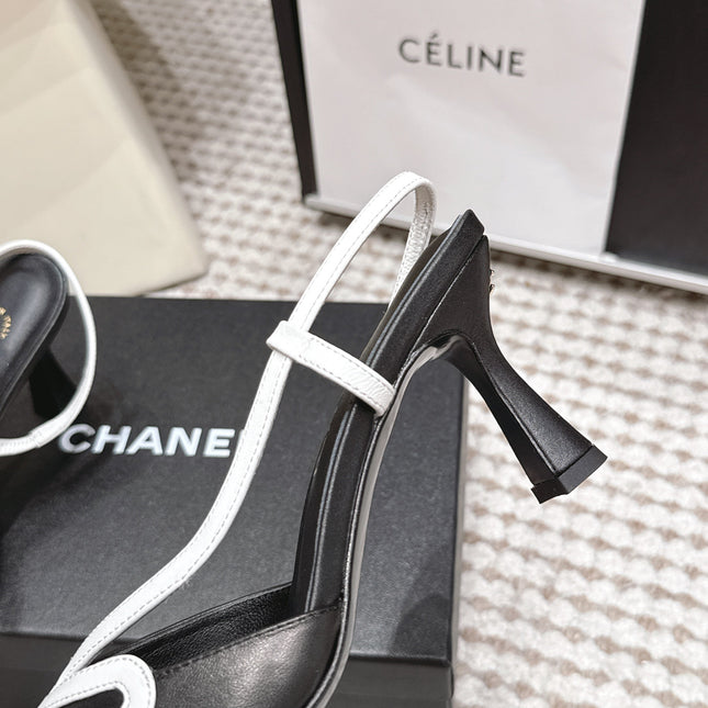 CHANEL 26S HIGH-HEEL SLINGBACKS IN BLACK CALFSKIN WITH WHITE TRIM