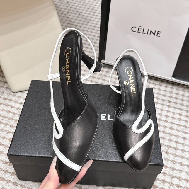 CHANEL 26S HIGH-HEEL SLINGBACKS IN BLACK CALFSKIN WITH WHITE TRIM