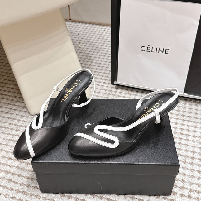 CHANEL 26S HIGH-HEEL SLINGBACKS IN BLACK CALFSKIN WITH WHITE TRIM