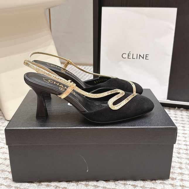 CHANEL 26S HIGH-HEEL SLINGBACKS IN BLACK SUESE WITH GOLD TRIM