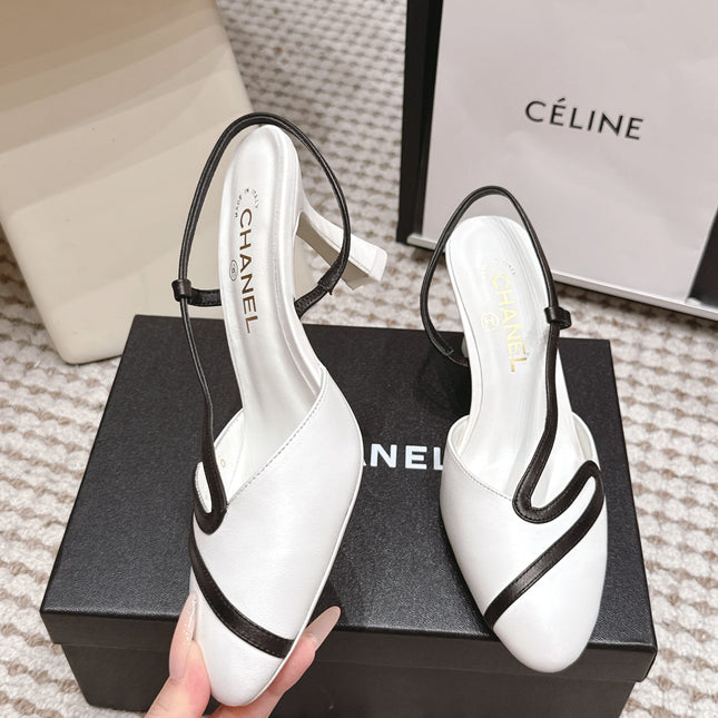 CHANEL 26S HIGH-HEEL SLINGBACKS IN WHITE CALFSKIN WITH BLACK TRIM