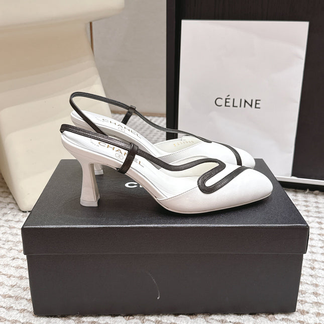 CHANEL 26S HIGH-HEEL SLINGBACKS IN WHITE CALFSKIN WITH BLACK TRIM