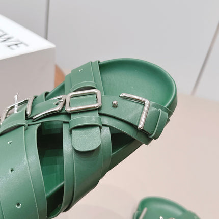 LOEWE 26S BUCKLE SLIDES IN GREEN CALFSKIN SILVER HARDWARE