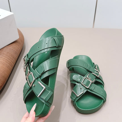 LOEWE 26S BUCKLE SLIDES IN GREEN CALFSKIN SILVER HARDWARE