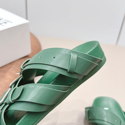 LOEWE 26S BUCKLE SLIDES IN GREEN CALFSKIN SILVER HARDWARE