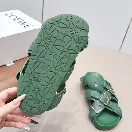 LOEWE 26S BUCKLE SLIDES IN GREEN CALFSKIN SILVER HARDWARE
