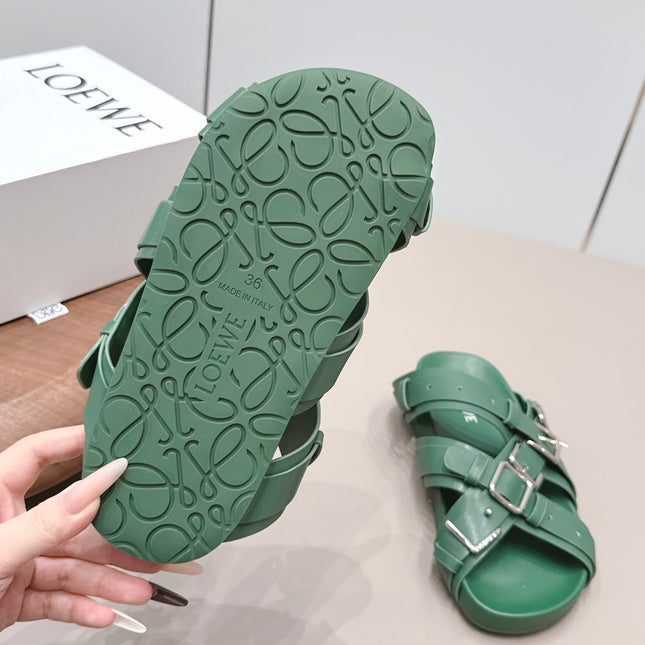 LOEWE 26S BUCKLE SLIDES IN GREEN CALFSKIN SILVER HARDWARE