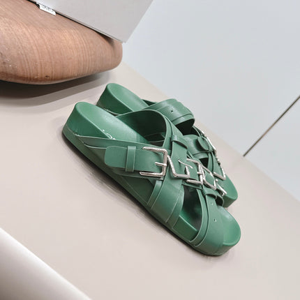LOEWE 26S BUCKLE SLIDES IN GREEN CALFSKIN SILVER HARDWARE