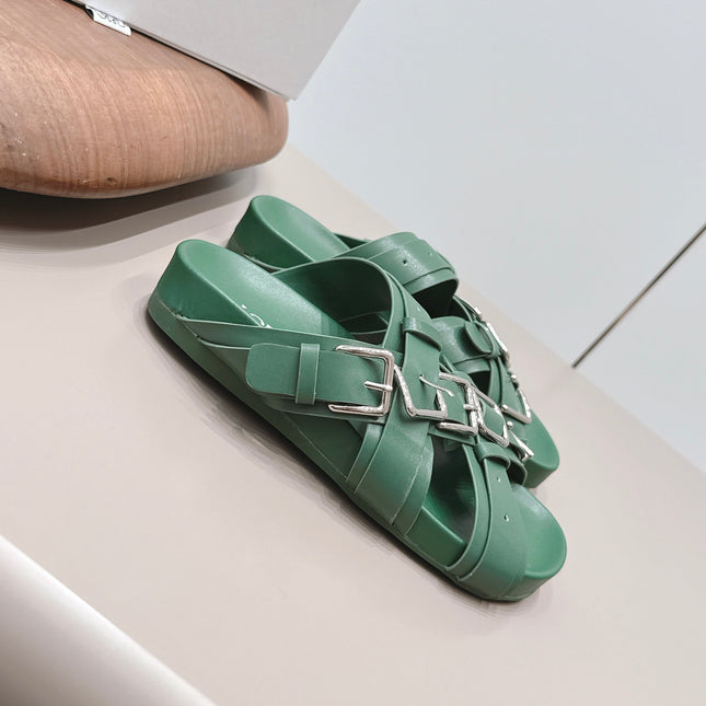 LOEWE 26S BUCKLE SLIDES IN GREEN CALFSKIN SILVER HARDWARE