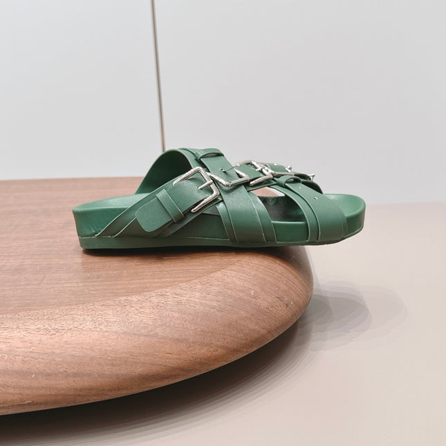 LOEWE 26S BUCKLE SLIDES IN GREEN CALFSKIN SILVER HARDWARE