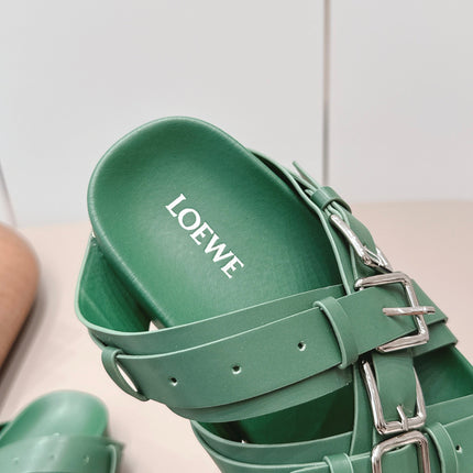 LOEWE 26S BUCKLE SLIDES IN GREEN CALFSKIN SILVER HARDWARE