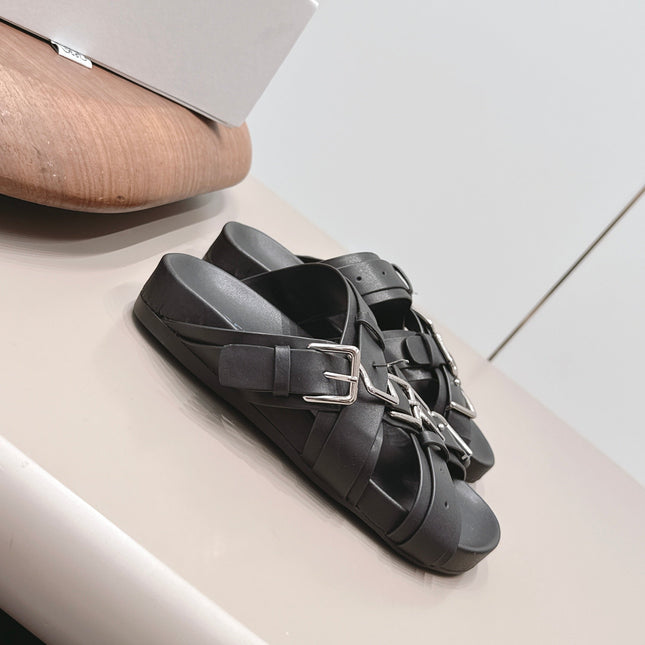 LOEWE 26S BUCKLE SLIDES IN BLACK CALFSKIN SILVER HARDWARE