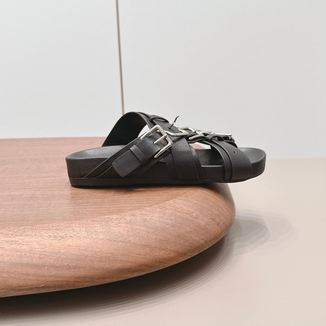 LOEWE 26S BUCKLE SLIDES IN BLACK CALFSKIN SILVER HARDWARE