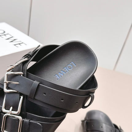 LOEWE 26S BUCKLE SLIDES IN BLACK CALFSKIN SILVER HARDWARE