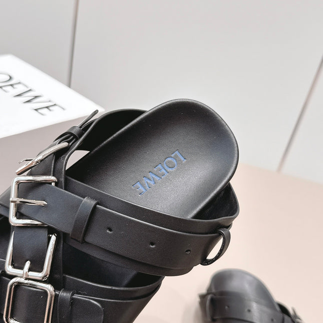 LOEWE 26S BUCKLE SLIDES IN BLACK CALFSKIN SILVER HARDWARE