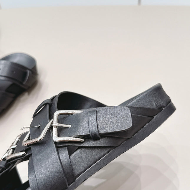 LOEWE 26S BUCKLE SLIDES IN BLACK CALFSKIN SILVER HARDWARE