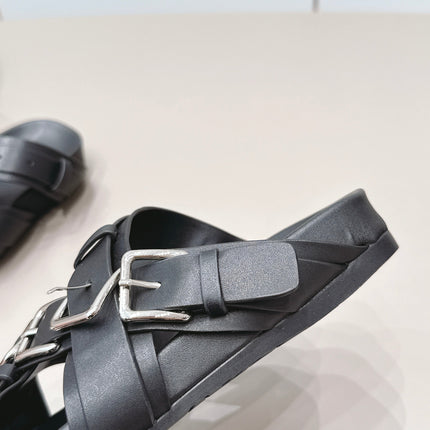 LOEWE 26S BUCKLE SLIDES IN BLACK CALFSKIN SILVER HARDWARE