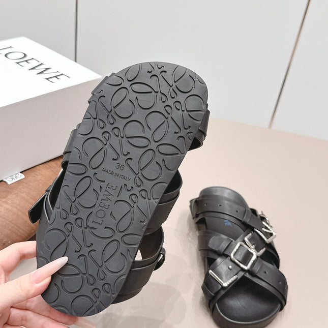 LOEWE 26S BUCKLE SLIDES IN BLACK CALFSKIN SILVER HARDWARE