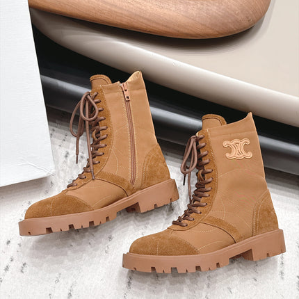 CELINE 26S LACE UP KNEE HIGH BOOTS 35 MM IN BROWN SUEDE AND FABRIC