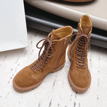 CELINE 26S LACE UP KNEE HIGH BOOTS 35 MM IN BROWN SUEDE AND FABRIC