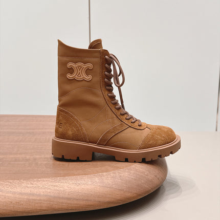CELINE 26S LACE UP KNEE HIGH BOOTS 35 MM IN BROWN SUEDE AND FABRIC