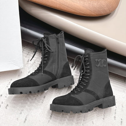 CELINE 26S LACE UP KNEE HIGH BOOTS 35 MM IN BLACK SUEDE AND FABRIC