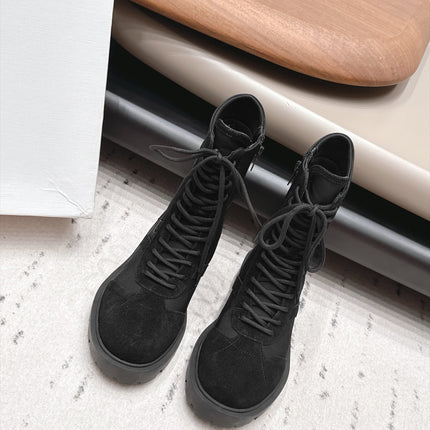 CELINE 26S LACE UP KNEE HIGH BOOTS 35 MM IN BLACK SUEDE AND FABRIC