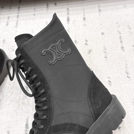 CELINE 26S LACE UP KNEE HIGH BOOTS 35 MM IN BLACK SUEDE AND FABRIC