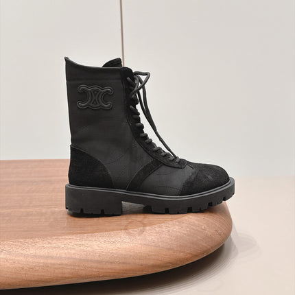 CELINE 26S LACE UP KNEE HIGH BOOTS 35 MM IN BLACK SUEDE AND FABRIC