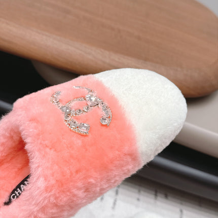 CHANEL 26S MULES IN LIGHT PINK AND WHITE SHEARLING WITH ROUND TOE