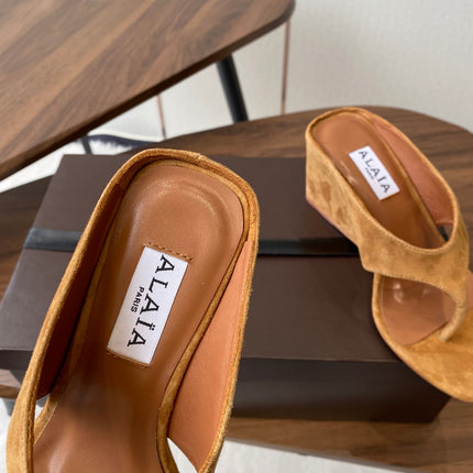 ALAIA WEDGE THONG SANDALS 25S IN BURNT ORANGE SUEDE