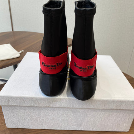DIOR 25S STRETCH BALLET BOOTS IN BLACK AND RED SATIN